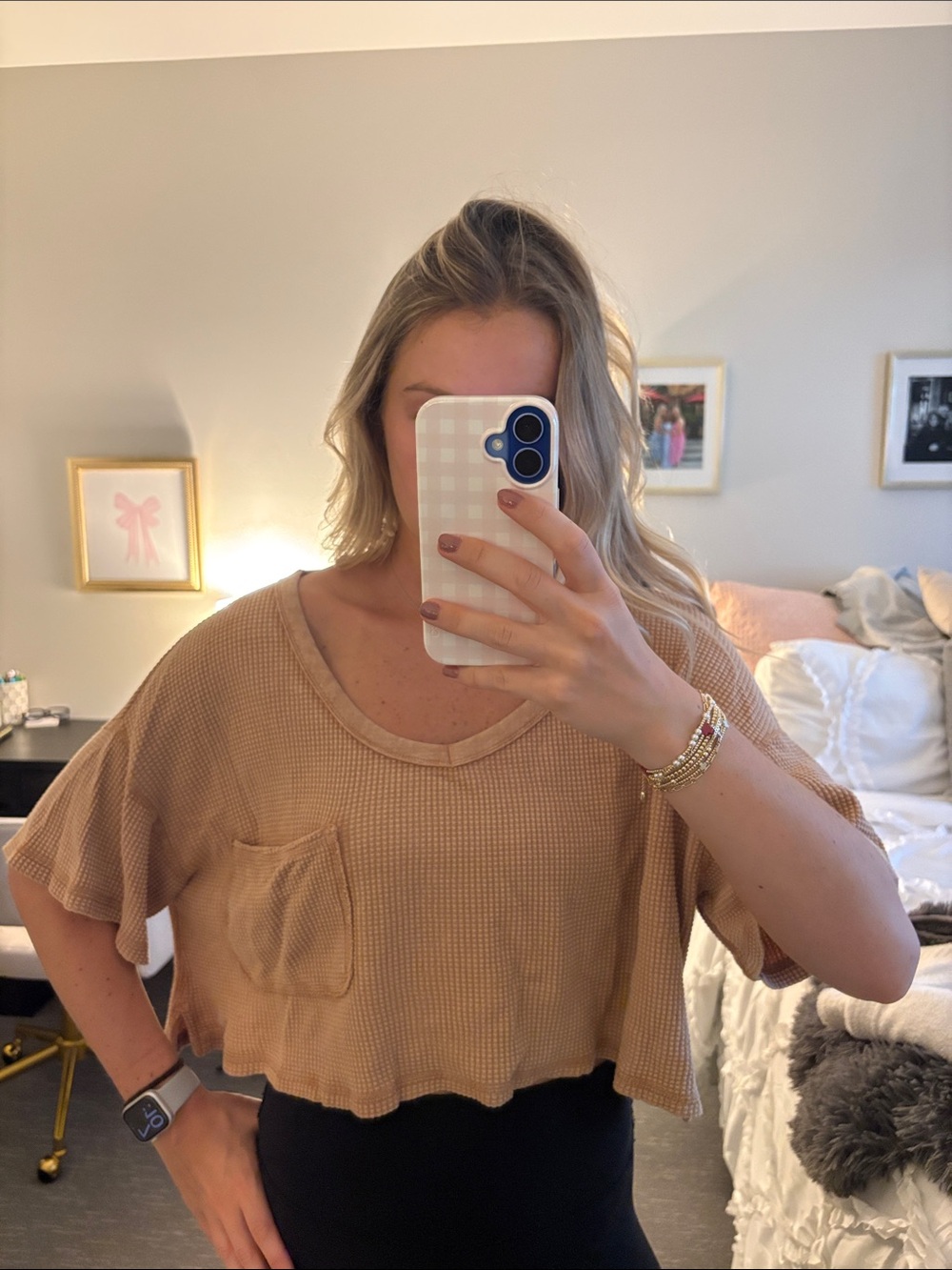 Aerie Cropped Waffle Knit Top in Tan